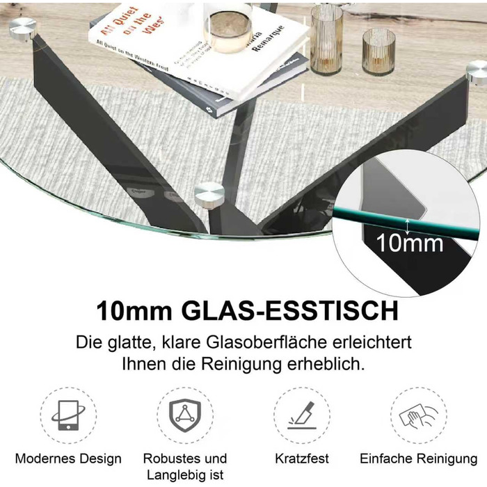 Круглий скляний обідній стіл GOLDFAN, сучасний кухонний стіл, дизайнерський скляний обідній стіл для їдальні та вітальні, 4-6 осіб, 90 см, чорний, 90x90x75 см