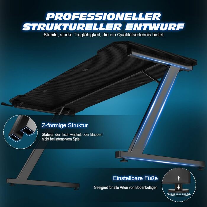 Ігровий стіл 80 x 52 см, ігровий стіл, ПК-стіл з гачком для навушників та карбоновим покриттям, ергономічний комп&39ютерний стіл, металевий каркас, карбон чорного кольору