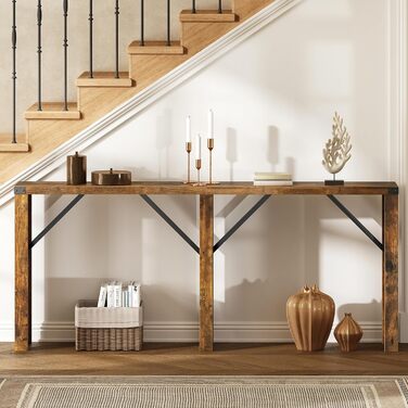 Консольний столик, довгий вузький стіл для коридору, столик для передпокою, за диваном, промисловий дизайн, з металевими стійками, для вузьких приміщень, вхідна зона, коридор, вітальня, вінтажний коричневий XCT30BR