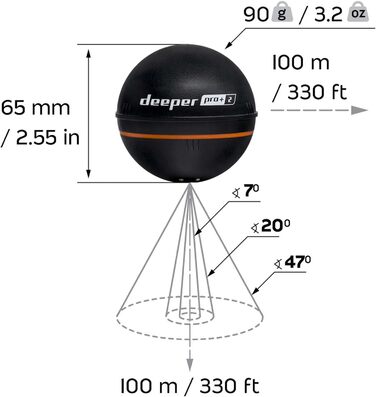 Ехолот для ехолота Deeper Smart Sonar Pro 2 із вимірювачем глибини та GPS-передавачем Риболовля на байдарці, човні або підлідна з безкоштовним додатком