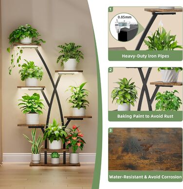 Підставка для рослин з лампою для вирощування - 7-ярусна підставка для квітів 105 см, полиця для рослин з металу та дерева - Квіткові драбини для приміщень та вулиці - Декоративна чорна квіткова підставка для балкону в приміщенні