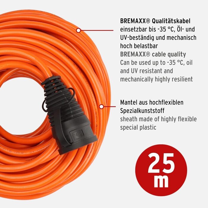 Подовжувач V2 зовнішній 25м (кабель сигнального кольору помаранчевий, короткочасне використання на вулиці IP44, можна використовувати до -35 C, стійкий до масла та ультрафіолету, виробництво Німеччина) помаранчевий одинарний