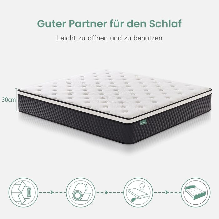 Матрац SZsuilong 90x200, висота 30 см, пружинний блок Pocket Spring, 7-зонна жорсткість H3 H4 з піною з ефектом пам&39яті, комфортний пружинний матрац, ергономічний, 100 ночей для пробного сну, середньої жорсткості - 30 см, 90x200x30 см