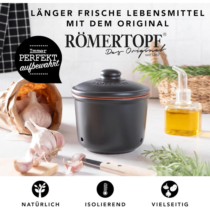 Літра - Керамічний горщик для часнику - Дихаюча глина довше зберігає овочі свіжими - Ідеальна циркуляція повітря - Чорний, 0,6