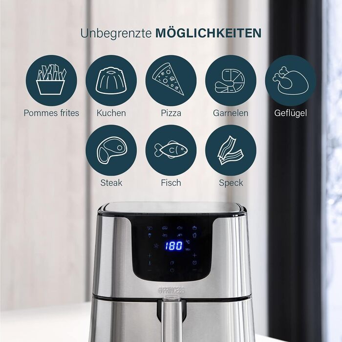 Фритюрниця Princess XXL на 5,5 літрів на 62,2 менше споживання енергії Цифрова фритюрниця Deluxe 8 програм Нержавіюча сталь Без масла Aerofryer 182060, Срібло ЗВИЧАЙНИЙ ДИЗАЙН 5,5 Л