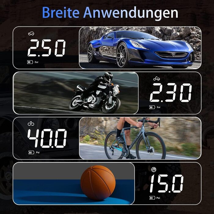 Електричний повітряний насос 5000 мАг, портативний компресор повітряного компресора, міні-насос для накачування шин 150 фунтів на квадратний дюйм з 4 режимами, цифровий РК-екран, світлодіодне світло, як павербанк, для автомобіля / мотоцикла / велосипеда /