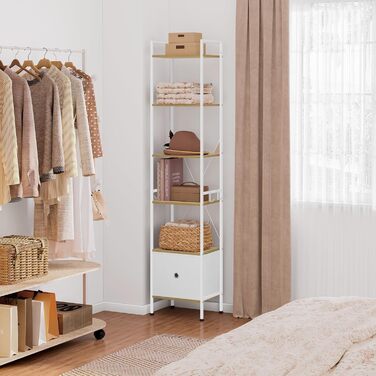 Ярусна окремостояча полиця WOLTU з шухлядою, металевий каркас, для вітальні, кабінету, домашнього офісу, спальні, сучасний колір, світлий дуб білий, RGB63whe 40x30x187 см світлий дуб білий, 5-