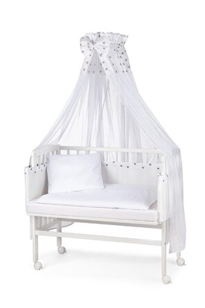 Дитяче ліжечко Waldin з матрацом та тканиною, регульована висота, велика спальна зона 90x55 см, біле лаковане, колір зірки/сіре дерево