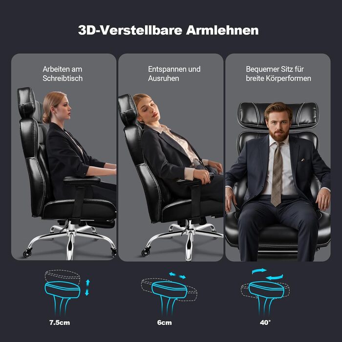 Офісне крісло BASETBL 200 кг, крісло керівника з 4-рівневою газовою пружиною, 3D-підлокітники, регульована поперекова опора та підголівник, тихі гумові ролики, широке сидіння XXL, EN12520, ергономічне офісне крісло