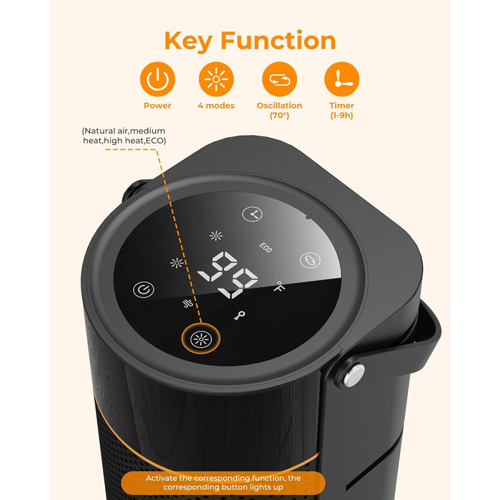 Енергозберігаючий електричний вентилятор-обігрівач - тихий керамічний вентилятор-обігрівач PTC потужністю 2000 Вт, 4-швидкісний нагрів, таймер 9 годин, пульт дистанційного керування, режим ECO, коливання 70, захист від перегріву та перекидання, чорний