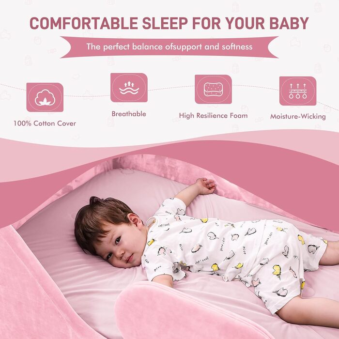 Дитяче ліжечко, дитяче ліжко для дітей з додатковою безпекою та широким каркасом стандартного розміру для малюків із сертифікованою тканиною (яскраво-рожевий)