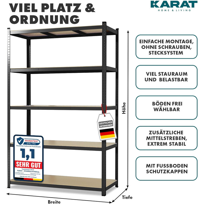 Потужний стелаж KARAT, комплект з 2 шт., 180 x 90 x 40 см, безболтовий стелаж, підвальний стелаж, стелаж для зберігання - 5 регульованих полиць (чорний) 40 x 90 x 180 см Чорний