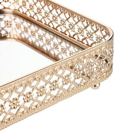 Піднос для парфумів ELLDOO, піднос із дзеркалом, піднос для макіяжу, різьблений піднос для ювелірних виробів, скло, метал, піднос для зберігання ювелірних виробів, органайзер для дому, золотий, середній розмір золото, срібло 30 x 20,1 x 5,1 см