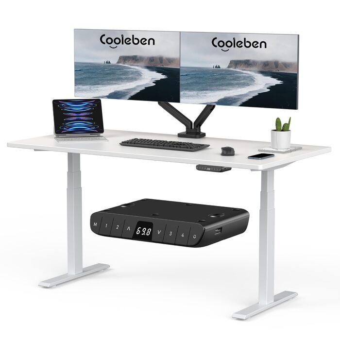 Стіл з регулюванням висоти 140x70 см, цільна стільниця 25 мм, подвійний двигун, 3-рівнева конструкція, інтелектуальне керування з 4 пресетами пам&39яті та 2 USB-портами (білий білий), білий білий 140 см x 70 см