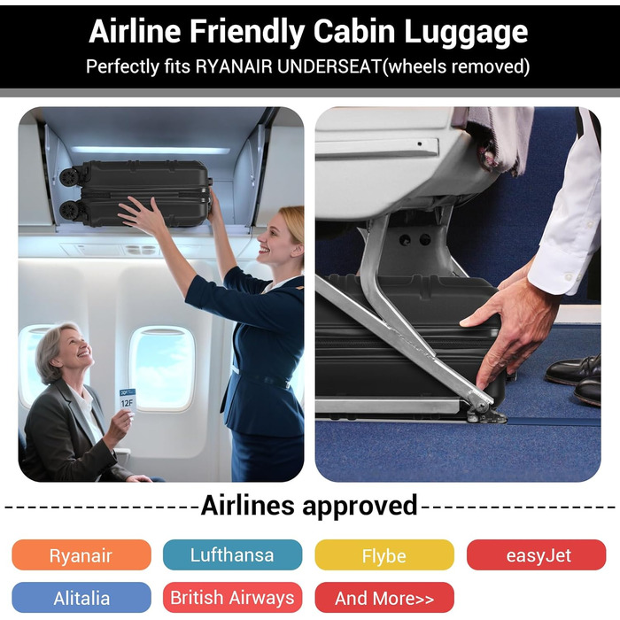 Компактний ручний багаж KONO з від'ємними колесами, 40x30x20 см (без коліс). Легкий борт-валіза з ABSPC для Ryanair, EasyJet & Eurowings (Чорний) 40x30x20 см - Ryanair Чорний