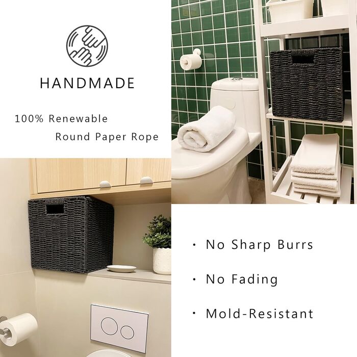 Кошик для зберігання, складний кошик, плетений з паперу водяного гіацинта, полиця-кошик Kallax куб 28 см, декоративний плетений кошик ручної роботи для ванної кімнати, вітальні, спальні, 28x28x28 см, чорний