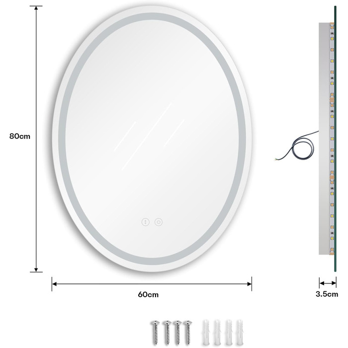 Дзеркало для ванної кімнати Dripex з підсвічуванням Овальне світлодіодне дзеркало для ванної кімнати з сенсорним перемикачем, з можливістю затемнення, 3 кольори світла регулюються, захист від запотівання 60 x 80 см без запотівання 3 кольори світла затемне