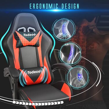 Ігрове крісло Todeco, масажне з підсвічуванням, світлодіодне гоночне крісло, ігрове крісло, ергономічне офісне крісло, регульована спинка, регульована висота, поворотне крісло з підголівником та поперековою подушкою, червоне