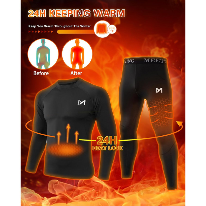 Термобілизна MEETYOO, 2 шт., чоловіча, лижна та функціональна, дихаюча, відводить піт, ідеально підходить для зими та спортивної білизни, 2 шт. - чорна, розмір L
