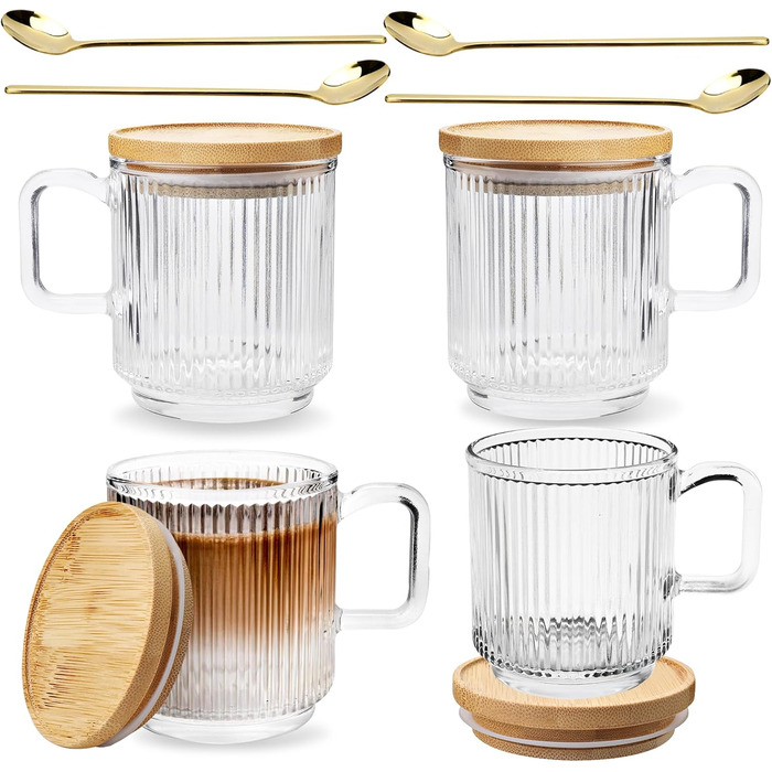 ПРОЕКТУВАННЯ Д.М MASTER4 шт., 350 мл - скляні кавові чашки преміум-класу з кришкою та ложкою, класична чашка для кави з вертикальн