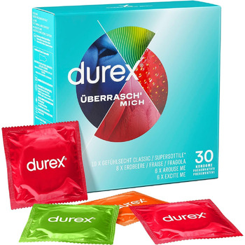 Презервативи Durex Surprise Mix захоплююче різноманіття, практичні та непомітно упаковані для безпечного сексу та додаткової стимуляції оптова упаковка з 30 шт.