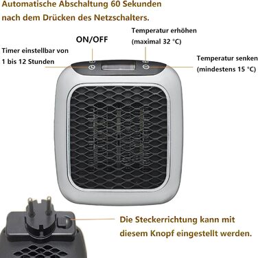 Підключається до мережі, електричний настінний вентиляторний обігрівач потужністю 800 Вт з термокерамічною технологією Цифровий термостат, 12-годинний таймер, керамічний нагрівальний елемент PTC, підходить для ванної кімнати, спальні та офісу