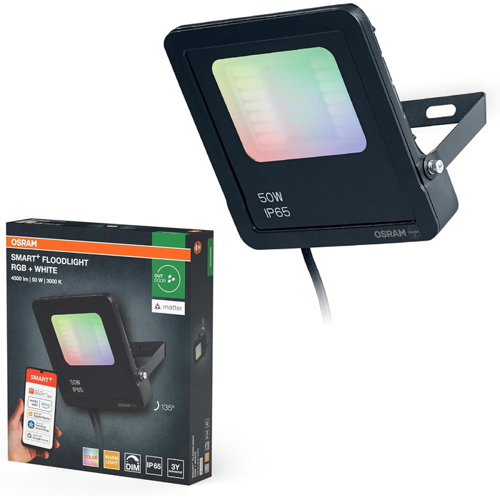 Розумний LED-прожектор Osram SMART Matter, 10W, 800lm, RGBW (16 млн кольорів), 3000K, WiFi, Alexa/Google, IP65
