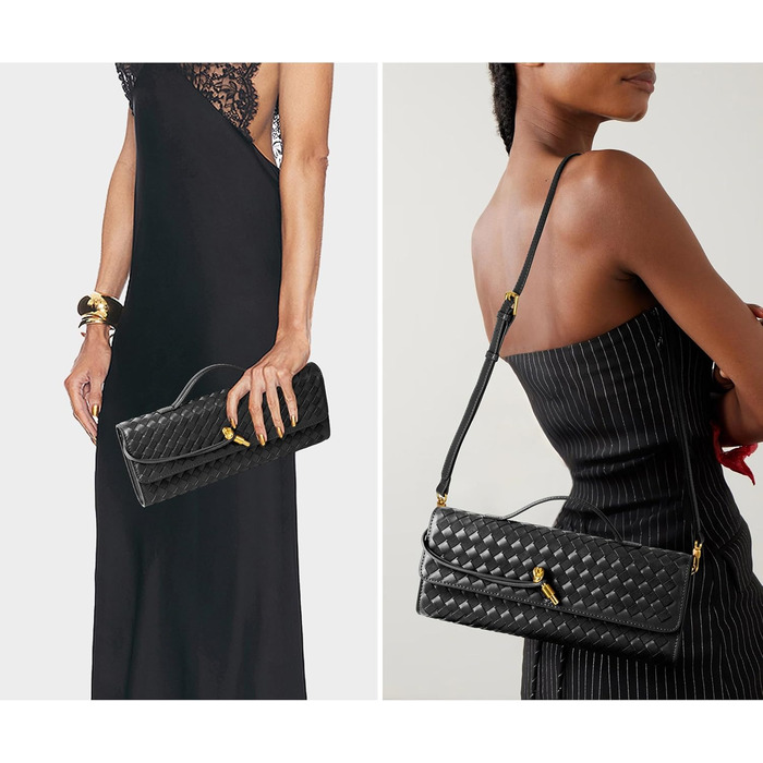 Плетений гаманець для жінок, вечірня сумочка, клатч, плетена шкіра, сумка через плече, офіційна вечірня сумка. Чорна плетена шкіра та замша.