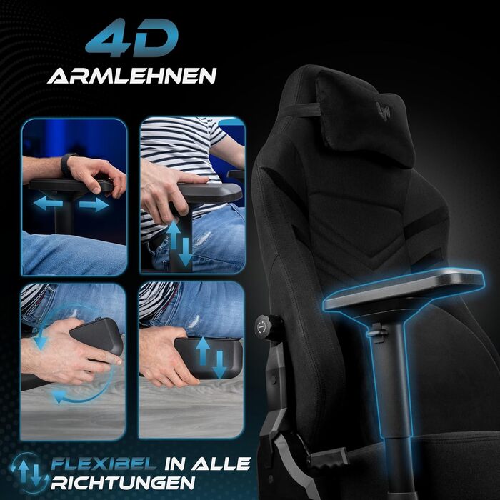 Ергономічне ігрове крісло Ultimatrix FURY ПЕРЕМОЖЕЦЬ ТЕСТУ Інтегрована поперекова підтримка, 4D підлокітники, дихаюча тканина, підставка для ніг, ігрове крісло з холодної піни, вантажопідйомність 150 кг, офісне крісло (чорне)