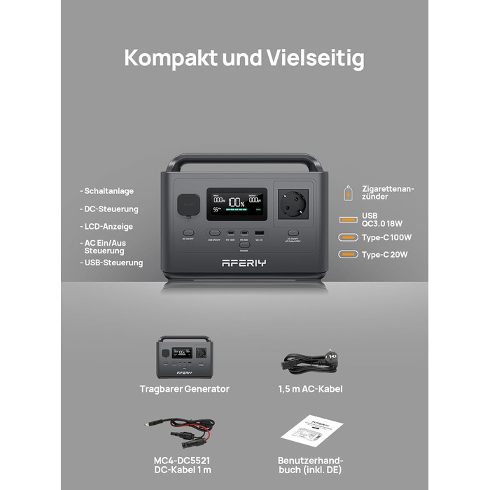 Портативна електростанція AFERIY AF-P040 потужністю 400 Вт, акумулятор LiFePO4 ємністю 256 Втгод, швидка зарядка 1,2 години, кілька портів, ДБЖ, сонячний генератор для кемпінгу, надзвичайних ситуацій