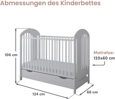 Дитяче ліжечко Kiki Design з шухлядою та матрацом, дитяче ліжечко з поролоновим матрацом 120x60 см, регульована висота, соснова деревина, з мотивом ведмедика - дитяче ліжко - дитяче ліжко - дитячі ліжка - ліжко дитяче колір білий