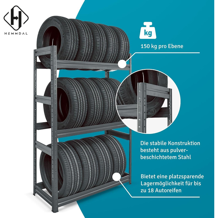 Стійка для шин - вантажопідйомність 450 кг - ВxШxГ 177 x 120 x 50 см - Міцна стійка до 18 шин - Графітово-сірий колір - Зроблено в ЄС - Міцна стійка для дисків для гаража, підвалу, складу та майстерні