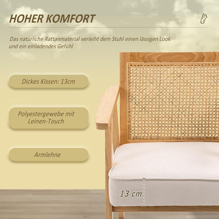 Крісло HOMCOM, крісло-реклайнер для вітальні з підлокітниками, подушка сидіння, крісло для відпочинку зі спинкою з ротанга, крісло для читання з ефектом льону, дерев&39яний каркас, м&39яке крісло для спальні, кремовий