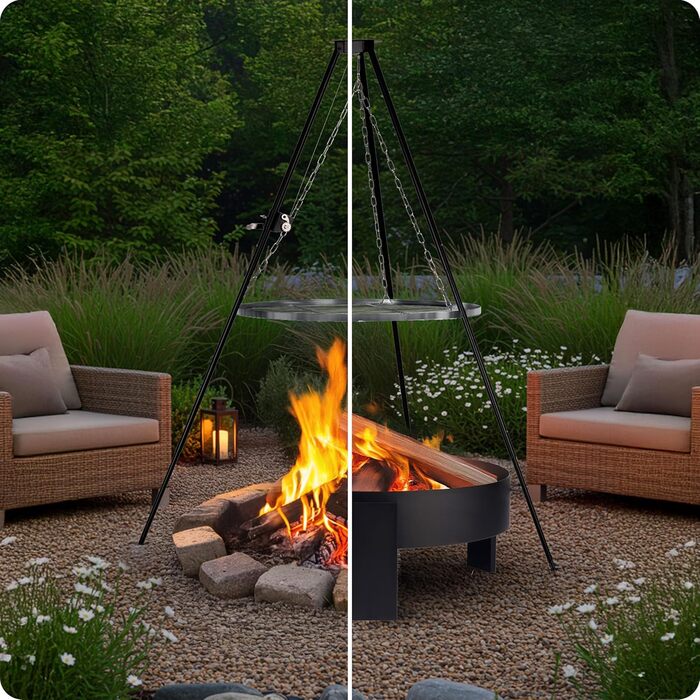 Поворотний гриль-штатив Berdsen 80 см, решітка для гриля, вогнище, нержавіюча сталь з регульованою висотою, порошкове покриття, чорний, 80 см, чорний штатив