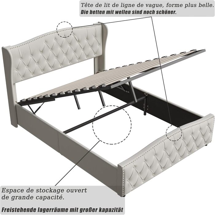 М&39яке ліжко 140x200 з місцем для зберігання, гідравлічне ліжко з місцем для зберігання, дитяче ліжко з узголів&39ям, каркас двоспального ліжка з ящиком для зберігання та рейковою основою, без матраца, оксамит (Бежевий 2, 140 x 200 см) Бежевий 2 140 x 20