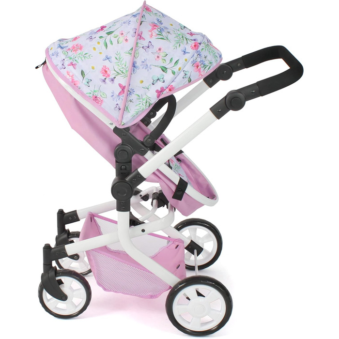 Лялькова коляска Mika, комбінована лялькова коляска 2в1 для дітей від 4 до 8 років, коляска для ляльок до 52 см, Квіти, рожева, 20
