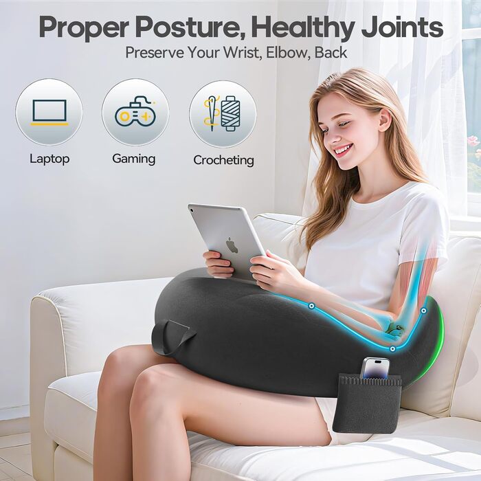 Ігрова та читацька подушка, подушка для читання для сидіння на ліжку/дивані/підлозі, подушка для годування/в&39язання гачком з великою та ергономічною ігровою подушкою, геймерська подушка для iPad/ноутбука - чорна