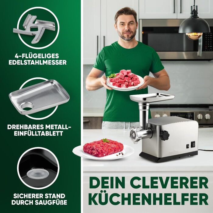 Електрична м'ясорубка ProfiCook 1200 Вт з насадками для печива та ковбас, 3 металеві диски, реверс, металевий шнек та горловина, PC-FW 1272