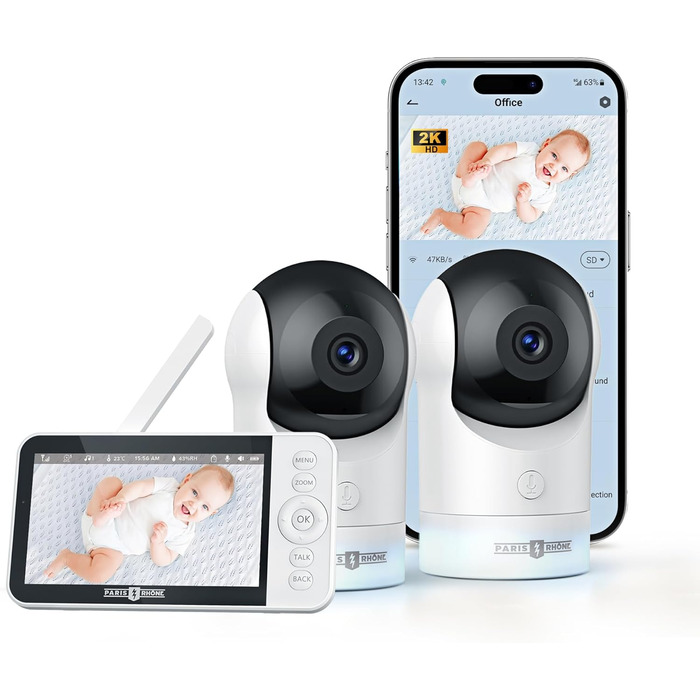 Радіоняня з 2 камерами, 5&39 WiFi Монітор з додатком, 2K UHD, нічне освітлення, виявлення руху/крику, моніторинг температури та во