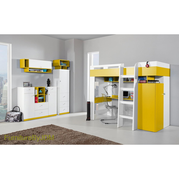 Ліжко-горище/двоярусне ліжко, композиція MOBI System 20 з письмовим столом і шафою. Комплект дитячих меблів. (білий/жовтий)