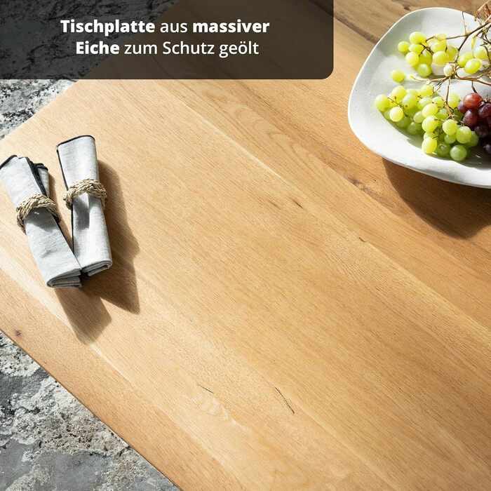 Обідній стіл KHG 160 x 90 см, кухонний стіл з масиву промасленого дуба - швейцарська кромка, чорна металева зіркоподібна основа, промисловий дизайн, стіл для 6-8 осіб, вантажопідйомність до 50 кг