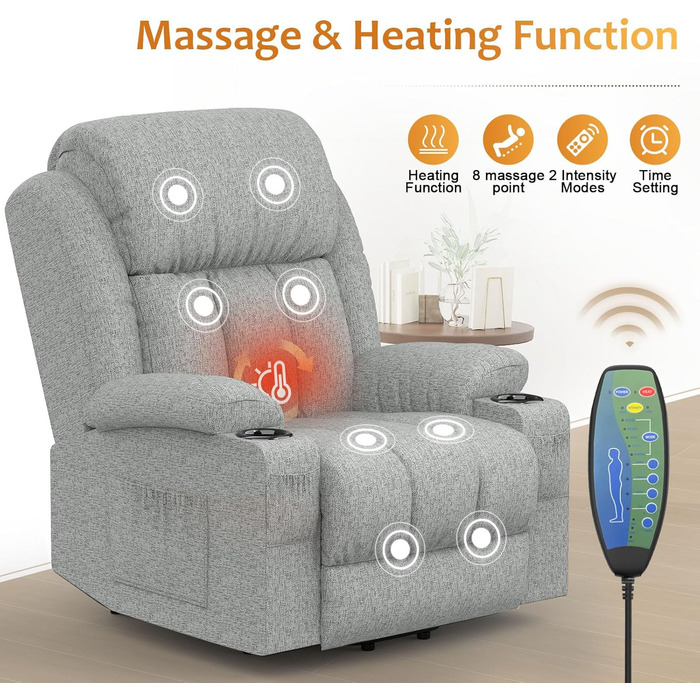 Електричне регульоване крісло-реклайнер з функцією підйому та масажу, підходить для людей похилого віку, 2 бічні кишені та підстаканники, порт USB Type-C