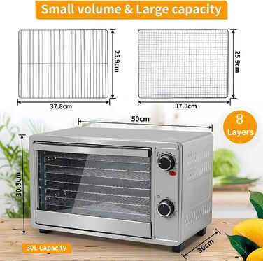 Дегідратор для їжі Skyehomo з нержавіючої сталі з рецептами, дегідратор 30 л з 8 решітками, які можна мити в посудомийній машині, 40-80C сухий з таймером на 24 години, 0,78 Дегідратор для їжі, дегідратор без BPA, м'ясо, фрукти, овочі 30 літрів