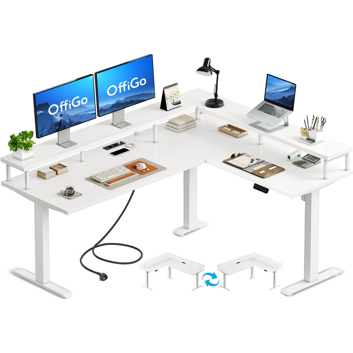 Кутовий письмовий стіл OffiGo, регульована висота, 150x120 см, стіл з регульованою висотою та розеткою, електричний L-подібний стіл з підставкою для монітора, білий 150 x 120 см
