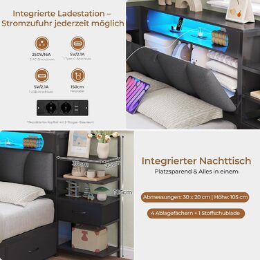 Дитяче ліжко DICTAC 90x200 см з 6 шухлядами, світлодіодним освітленням та зарядною станцією Багатофункціональний диван-ліжко з вбудованою тумбочкою та прихованим місцем для зберігання в узголів&39ї (чорний) 90x200 см