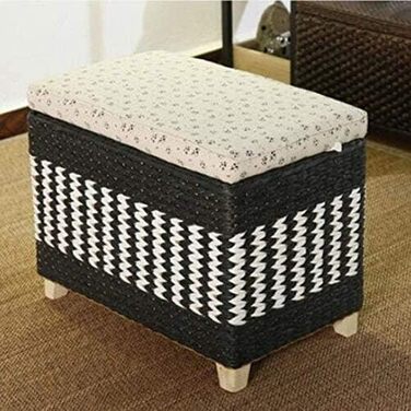 Кошик для зберігання з ротанга, пуф, багатофункціональна підставка для ніг з лози з основою з масиву дерева для організації вітальні 50x30x30 см Чорний