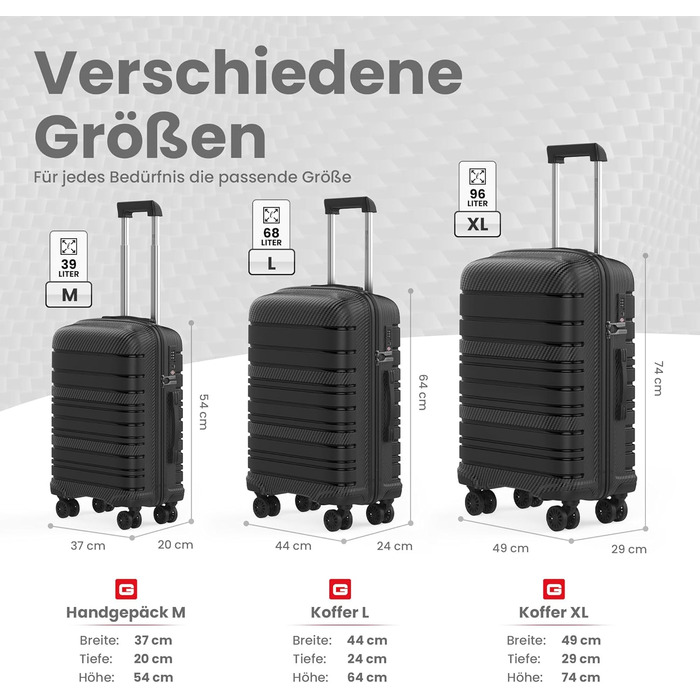 Велика валіза GENTOR на колесах 64x44x24 см Легка валіза на візках з жорсткою оболонкою та замком TSA Велика дорожня валіза з жорсткою оболонкою для подорожей та відпусток Чорна