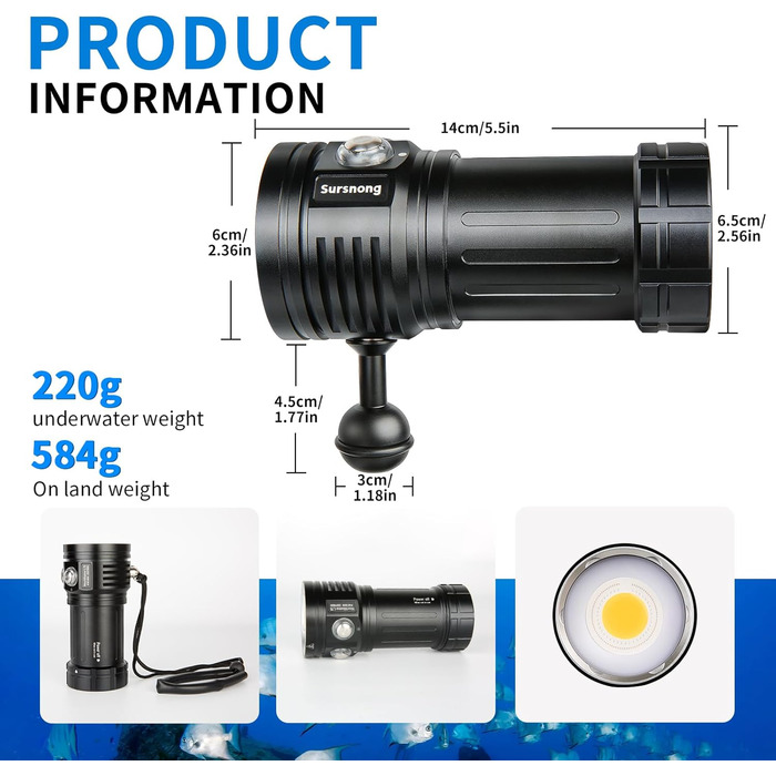 Підводний відеоліхтар L12 7500 люменів - Професійний відеоліхтар для дайвінгу з CRI 90, білим світлом 6000K, акумуляторний USB-C, для дайвінгу/підводної фотозйомки (водонепроникність IP68, глибина занурення 100 м) Знімний акумулятор (заряджання через USB-