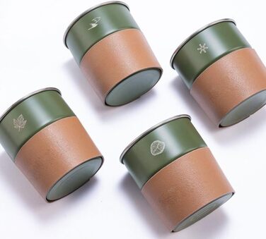 Набір стаканчиків-ступеней з нержавіючої сталі, 4 предмети, з тримачем зі штучної шкіри, місткістю 300 мл, для кемпінгу, активного відпочинку та подорожей