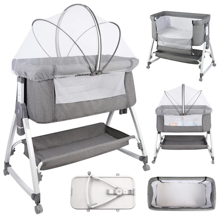 Дитяче ліжечко Side-by-Side, дитяче ліжечко 2-в-1 від народження до 25 кг, додаткове ліжко з 6 регулюваннями висоти, з матрацом/відкидною бічною панеллю/колесами, ліжечко з сітчастої тканини - 80 x 40 x 100-115 см - льон 80 x 40 x 100-115 см - льон